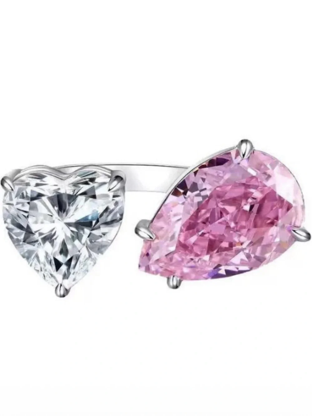 Double Stone Heart & Pear Pink and White Cubic Zirconia Ring